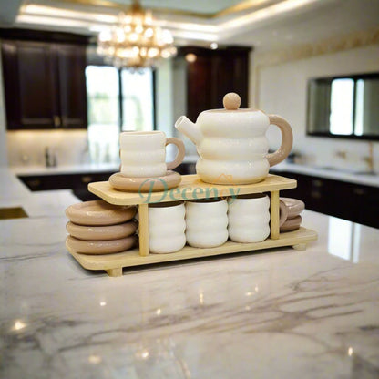 15Pcs  Ceramic Tea Set With Wooden Stand