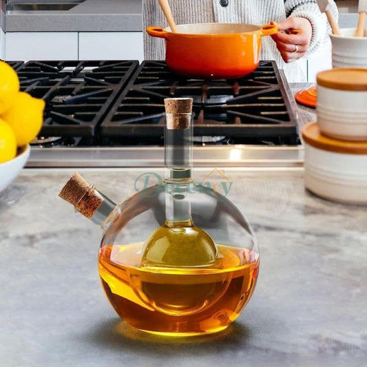 2 in 1 oil and vinegar dispenser  dual chamber glass oil bottle  oil vinegar pourer kitchen jar  space-saving oil and vinegar cruet  leak-proof dual liquid dispenser
