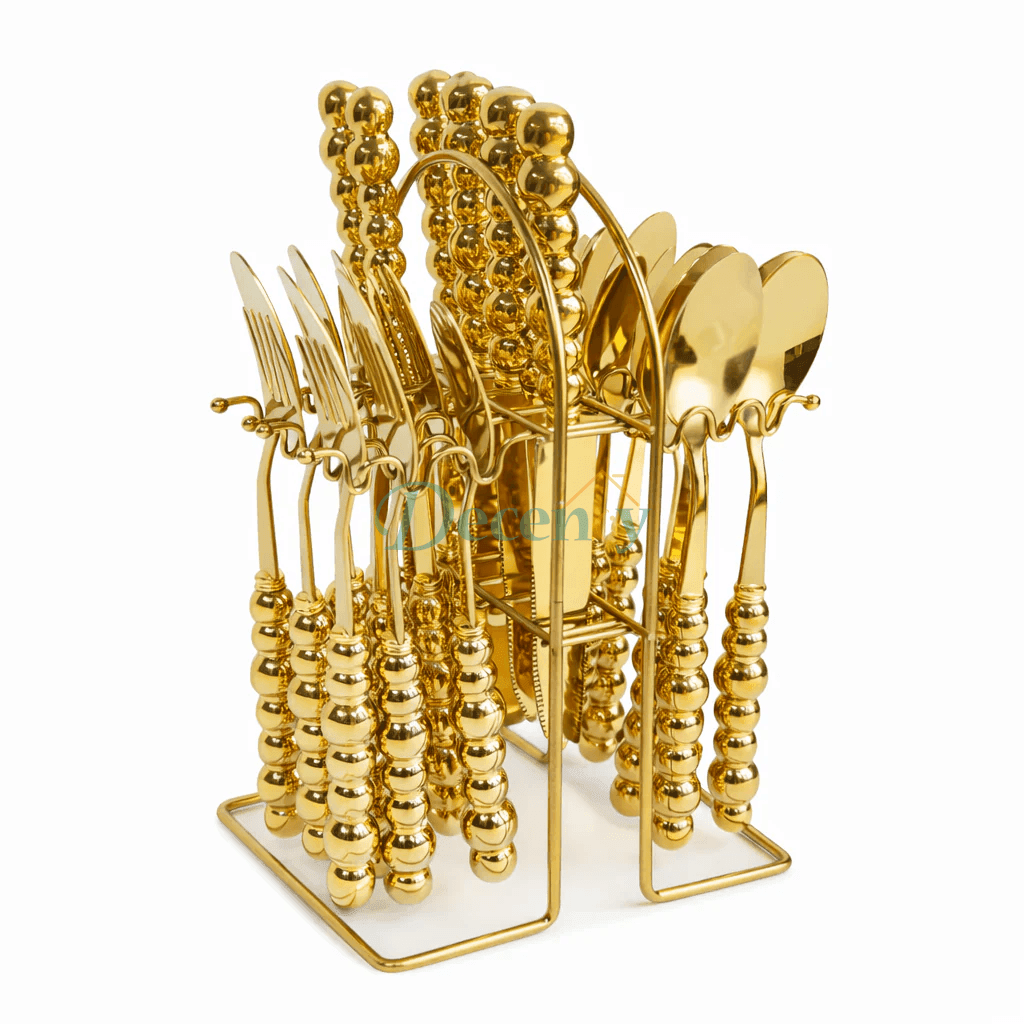 Luxury Gold Beaded Cutlery Set — 24-Piece with Stand