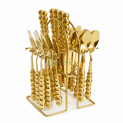 Luxury Gold Beaded Cutlery Set — 24-Piece with Stand