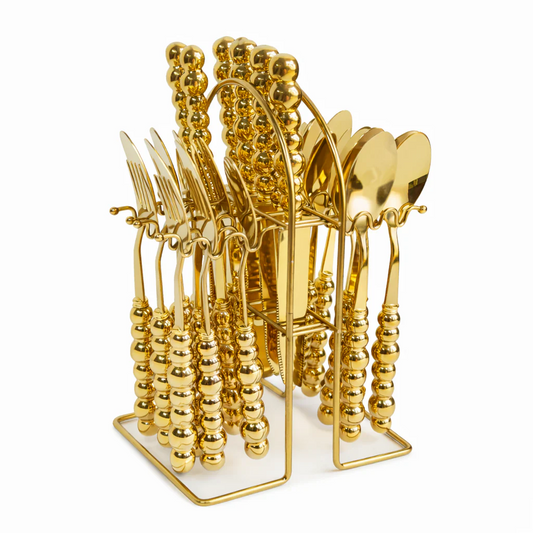 Luxury Gold Beaded Cutlery Set — 24-Piece with Stand