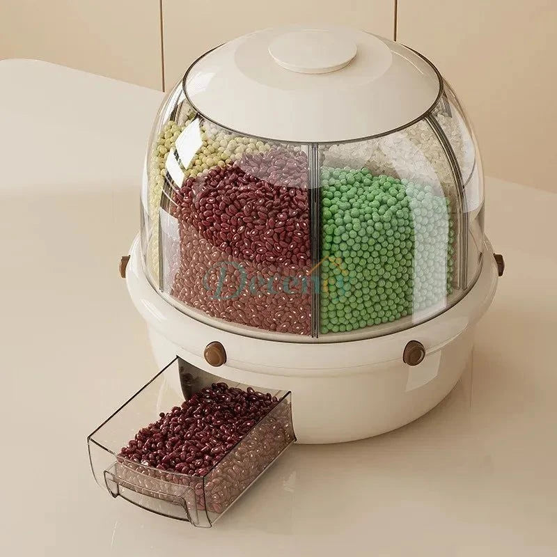 White pet food dispenser with colorful beads inside on a beige surface

