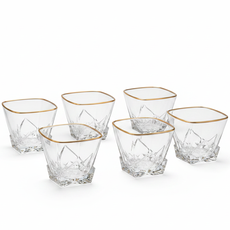 Elegant Gold Rim Crystal Whiskey & Juice Glass Set – 6 Pcs
