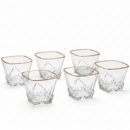 Elegant Gold Rim Crystal Whiskey & Juice Glass Set – 6 Pcs