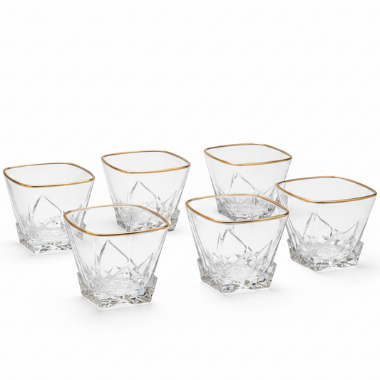 Elegant Gold Rim Crystal Whiskey & Juice Glass Set – 6 Pcs