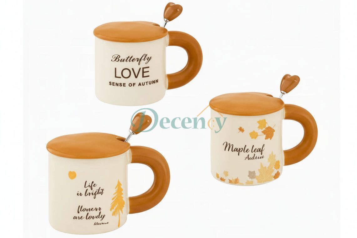 Autumn Vibe Ceramic Cup with Spoon & Lid