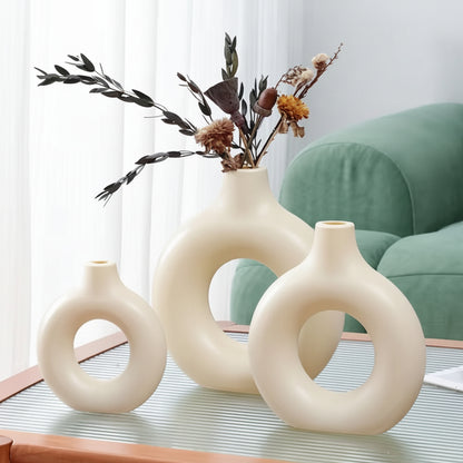 3 Pcs Pure Ceramic Donut White Vase, Original Glazed Ceramic Pot