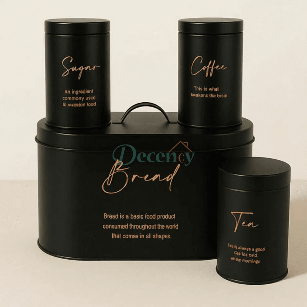 Luxury 4-Piece Bread, Tea, Coffee, and Sugar Canister Set - Black