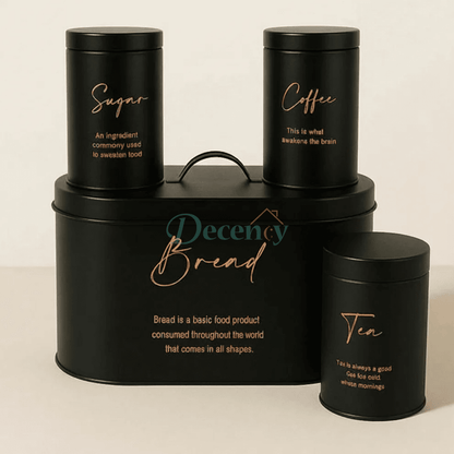 Luxury 4-Piece Bread, Tea, Coffee, and Sugar Canister Set - Black