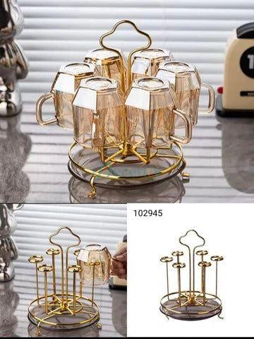 Luxury Golden Rotating Glass Stand Holder for 6 Glasses - Gold and Black Serving Tray for Dining Table in Pakistan