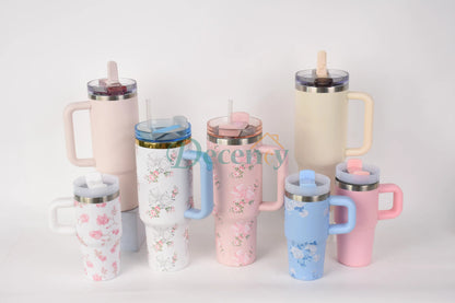 Floral Printed 1200ML Stainless Steel Insulated Tumbler with Handle and Straw for Hydration