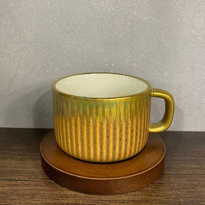 Luxury Stoneware Coffee Cup Set with Wooden Saucers – 6 Piece