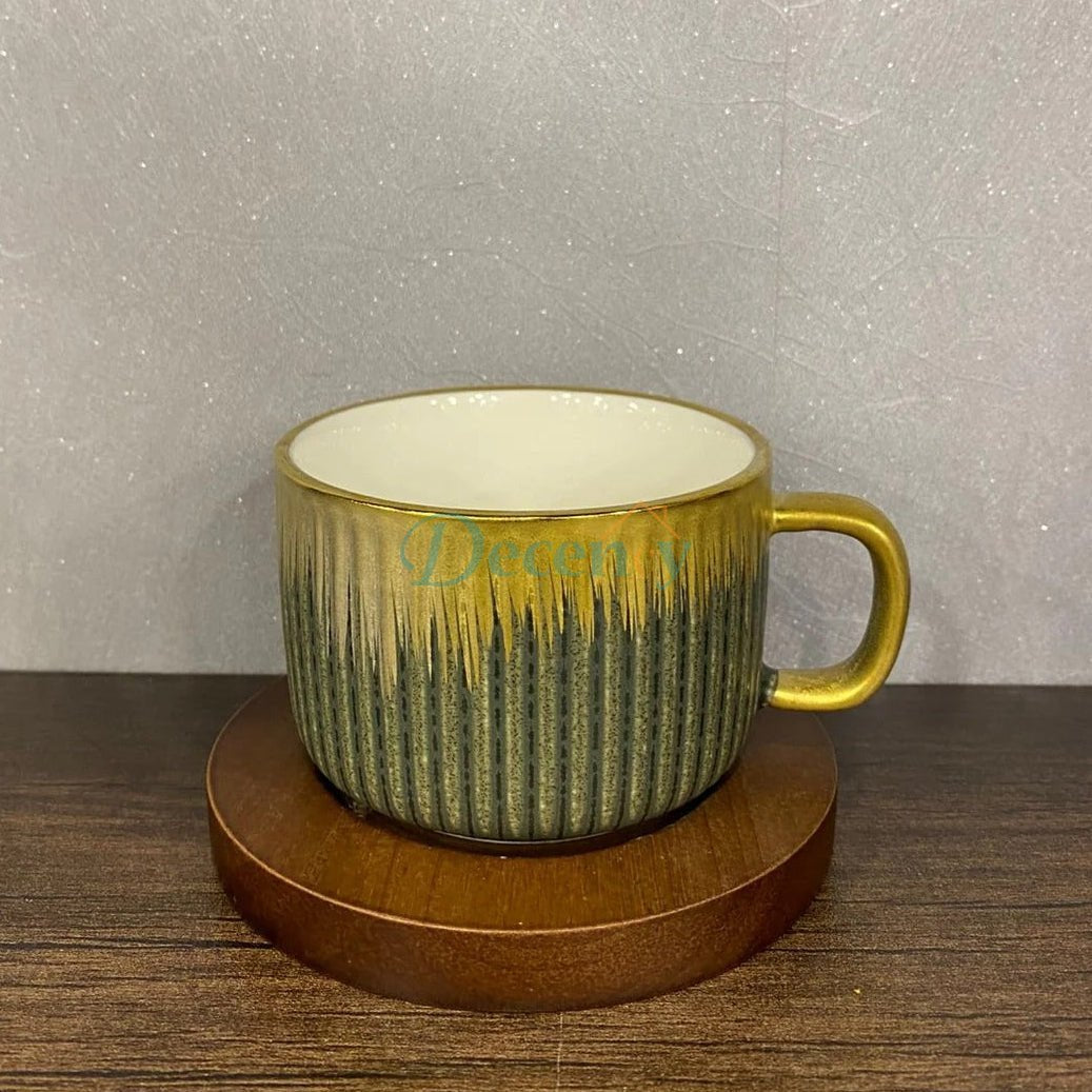 Luxury Stoneware Coffee Cup Set with Wooden Saucers – 6 Piece