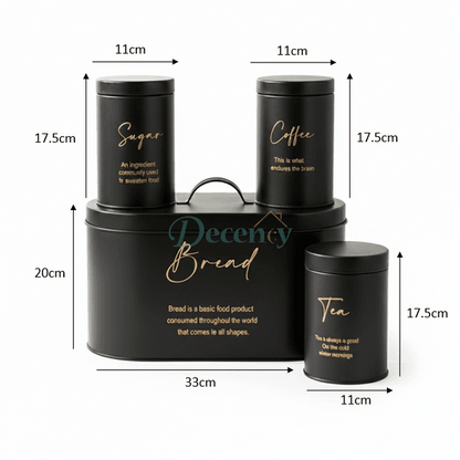 Luxury 4-Piece Bread, Tea, Coffee, and Sugar Canister Set - Black