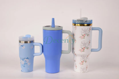 Floral Printed 1200ML Stainless Steel Insulated Tumbler with Handle and Straw for Hydration