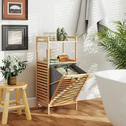 Bamboo Double Laundry Organizer Dirty Clothes Storage Basket