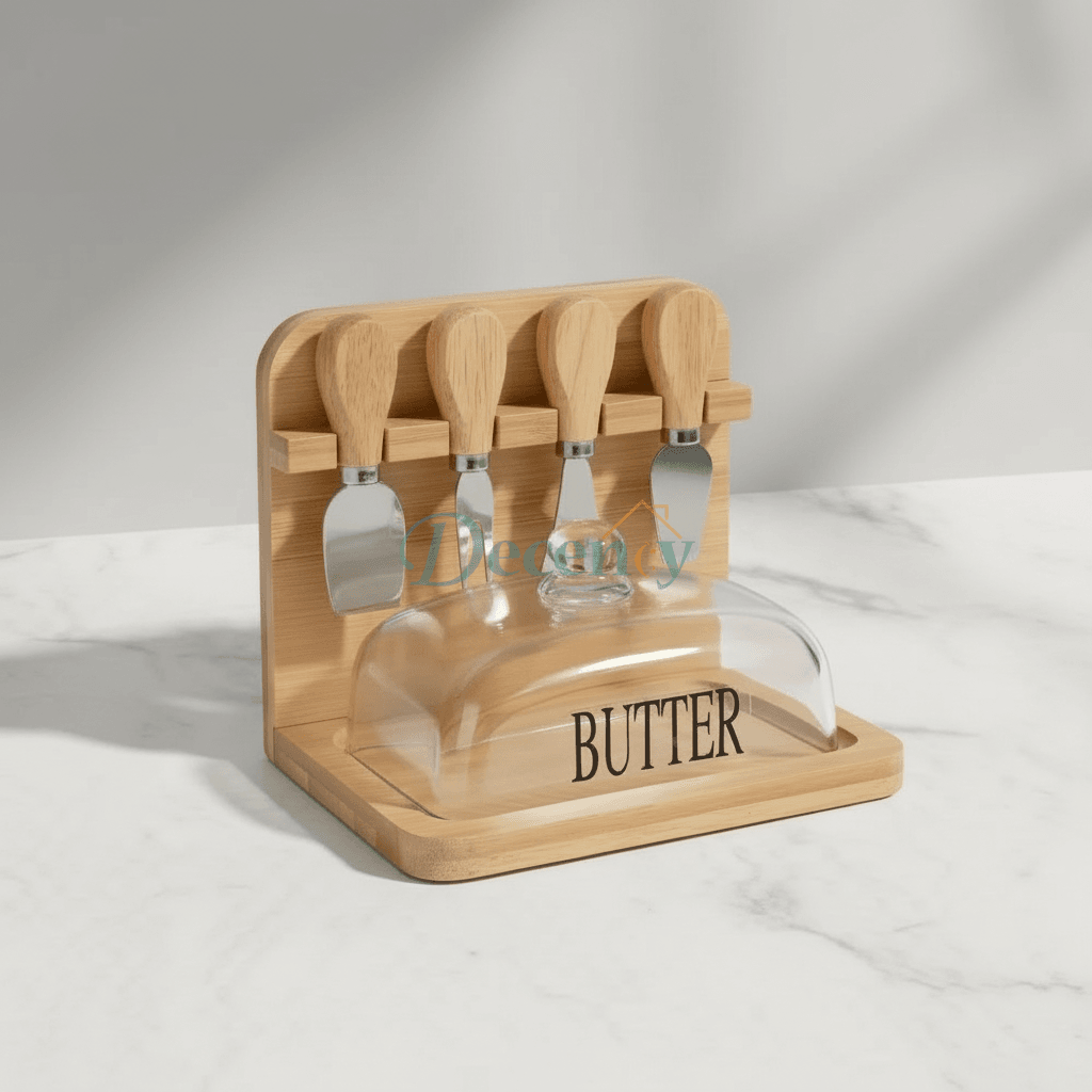 Bamboo Butter Dish and Lid Wooden Serving Tray with Knive Sett