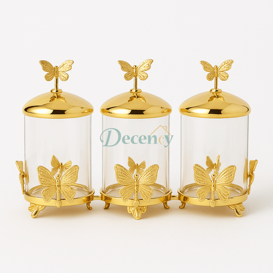 Golden Butterfly 3-Piece Glass Condiment Jar Set
