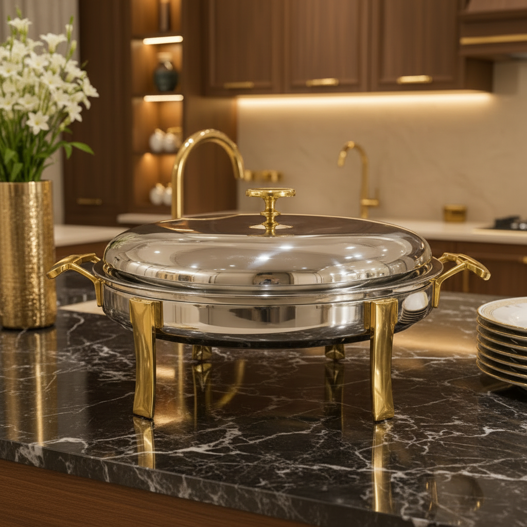 Round 3L Stainless Steel Chafing Dish – Gold Trim