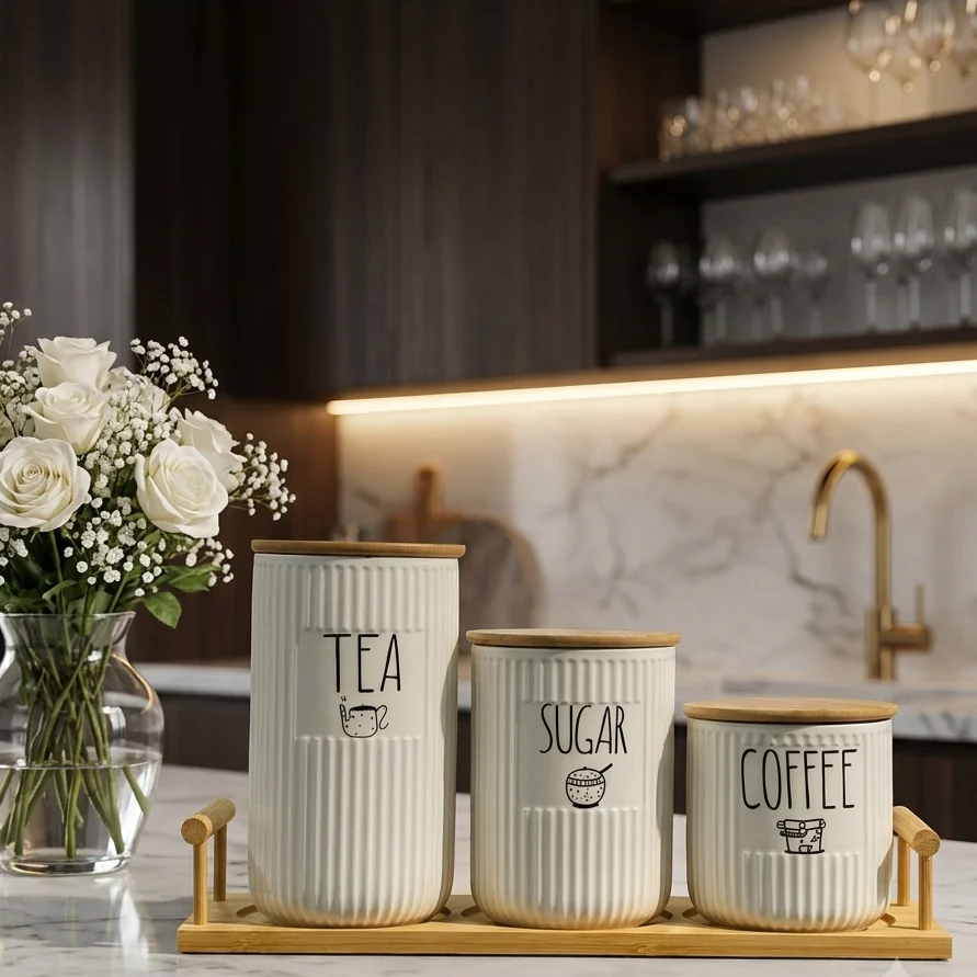 Premium Ceramic Kitchen Canister & Spice Jar Set with Wooden Stand