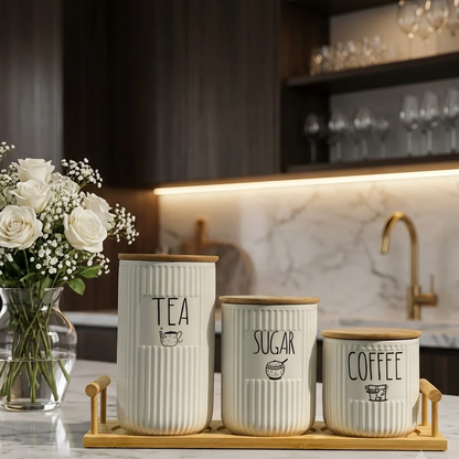 Premium Ceramic Kitchen Canister & Spice Jar Set with Wooden Stand