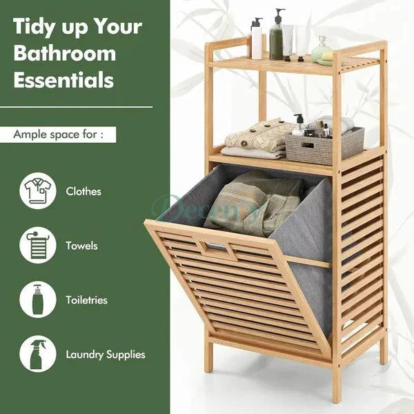 Bamboo Double Laundry Organizer Dirty Clothes Storage Basket