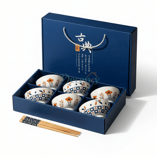 Luxury Japanese Ceramic Bowl Set with Chopsticks – Floral Design (2 / 4 / 6 Pcs Gift Set)