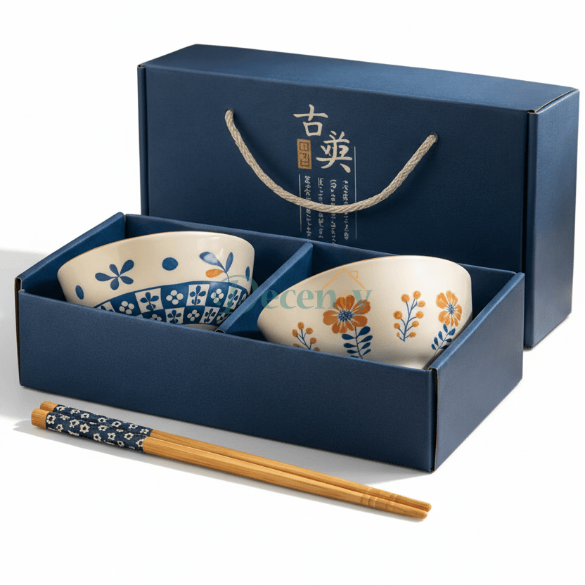 Luxury Japanese Ceramic Bowl Set with Chopsticks – Floral Design (2 / 4 / 6 Pcs Gift Set)