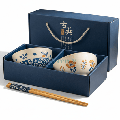 Luxury Japanese Ceramic Bowl Set with Chopsticks – Floral Design (2 / 4 / 6 Pcs Gift Set)