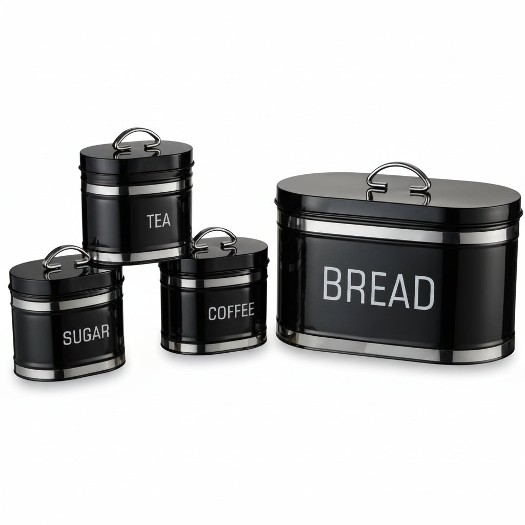 4-Piece Retro Bread Bin and Canister Set – Vintage-Style Metal Kitchen Storage Jars with Airtight Lids, Perfect for Tea, Sugar, Coffee & Bread (BLACK)