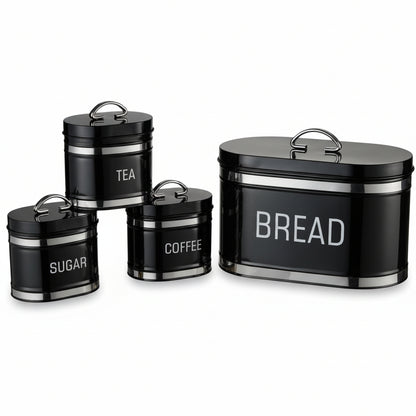 4-Piece Retro Bread Bin and Canister Set – Vintage-Style Metal Kitchen Storage Jars with Airtight Lids, Perfect for Tea, Sugar, Coffee & Bread (BLACK)