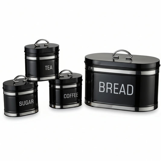 4-Piece Retro Bread Bin and Canister Set – Vintage-Style Metal Kitchen Storage Jars with Airtight Lids, Perfect for Tea, Sugar, Coffee & Bread (BLACK)