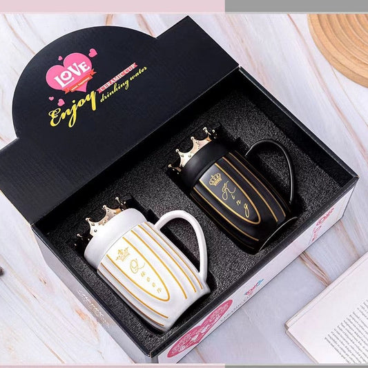 King Queen Couple Mug, Elegant Ceramic Mugs With Crown Lid, King and Queen Camping Ceramic Coffee Mugs