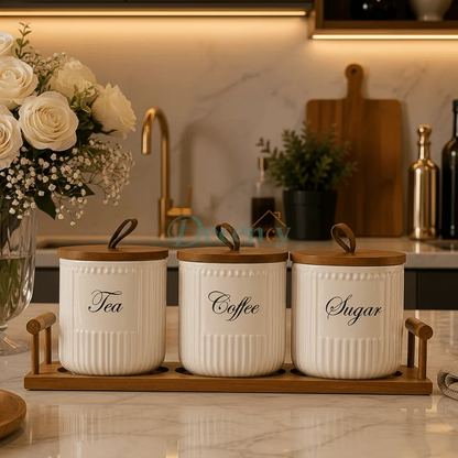 Premium Ceramic Kitchen Canister & Spice Jar Set with Wooden Stand