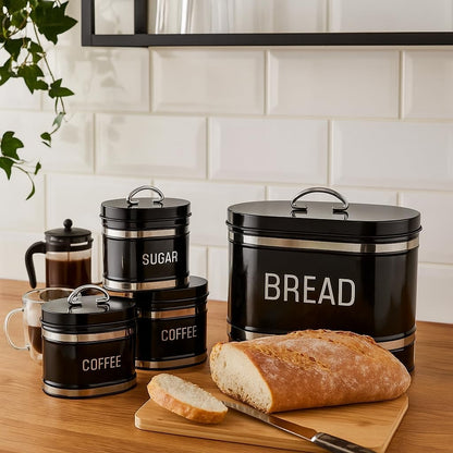 4-Piece Retro Bread Bin and Canister Set – Vintage-Style Metal Kitchen Storage Jars with Airtight Lids, Perfect for Tea, Sugar, Coffee & Bread (BLACK)