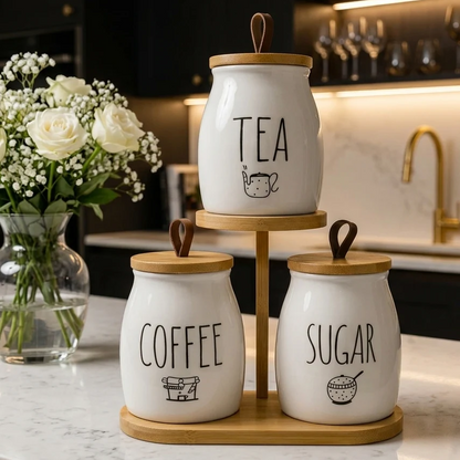 Premium Ceramic Kitchen Canister & Spice Jar Set with Wooden Stand
