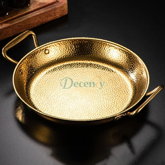 Spanish paella pan, golden seafood skillet, deep non-stick rice pan, stainless steel paella cookware, dual handle curry pot, biryani cooking pan