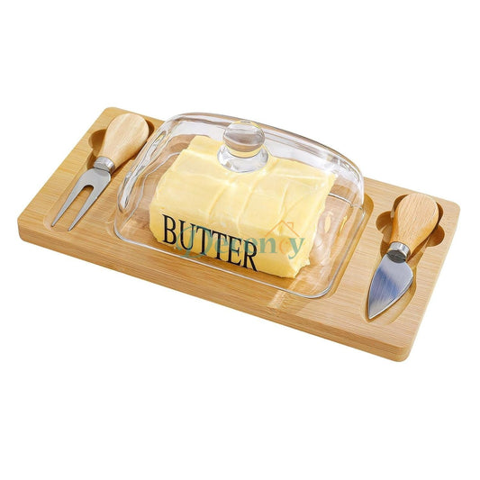 Glass Butter Dish with Tray & 2 Knives - Rectangle