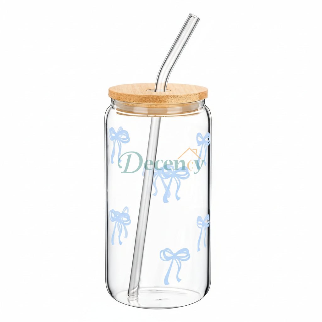 16 Oz Glass Cup with Lid and Straw, Blue Bow Design