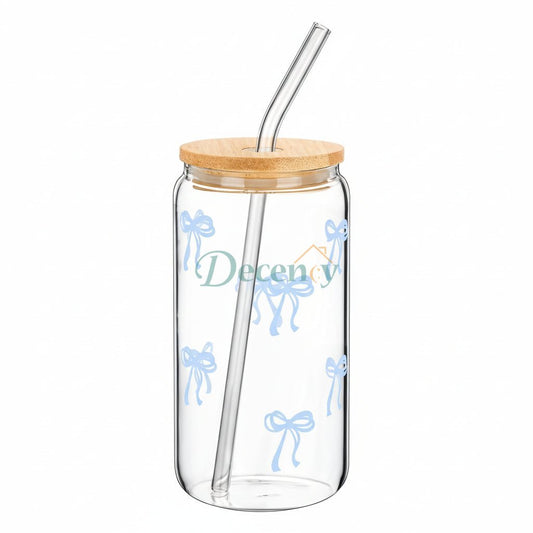 16 Oz Glass Cup with Lid and Straw, Blue Bow Design