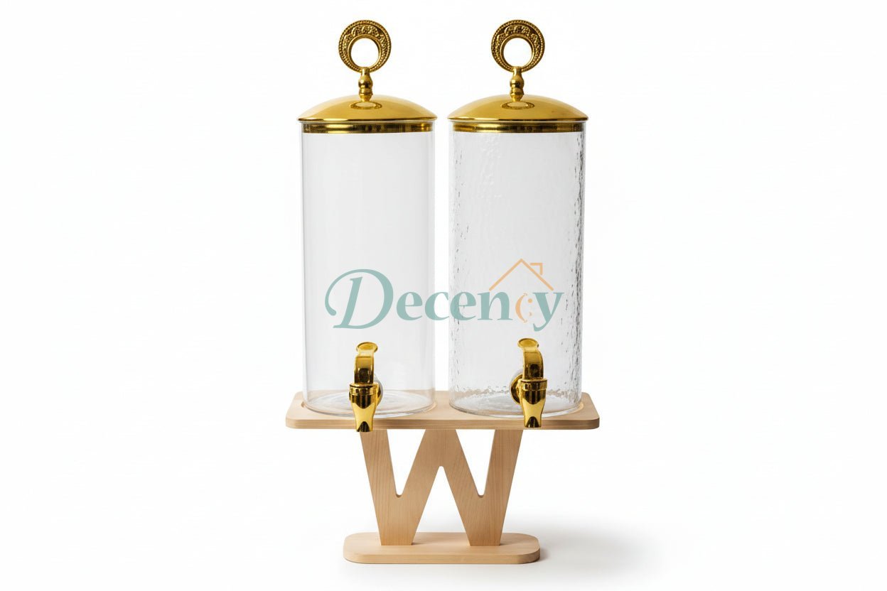 European Style Glass 2 in 1 Beverage Dispensers with Wood Stand Gold Color Lid