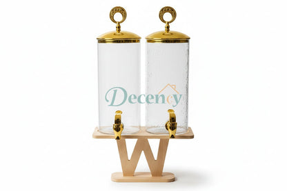 European Style Glass 2 in 1 Beverage Dispensers with Wood Stand Gold Color Lid