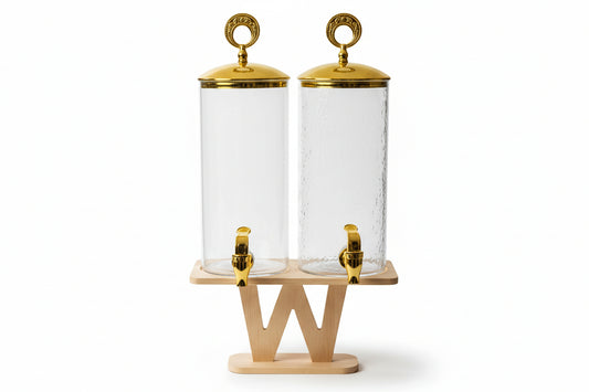 European Style Glass 2 in 1 Beverage Dispensers with Wood Stand Gold Color Lid