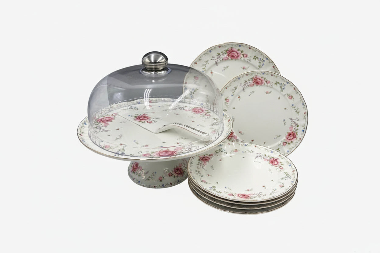 Royal Albert–Inspired 9-Pcs Bone China Cake Set | Floral Elegance with Dome #3