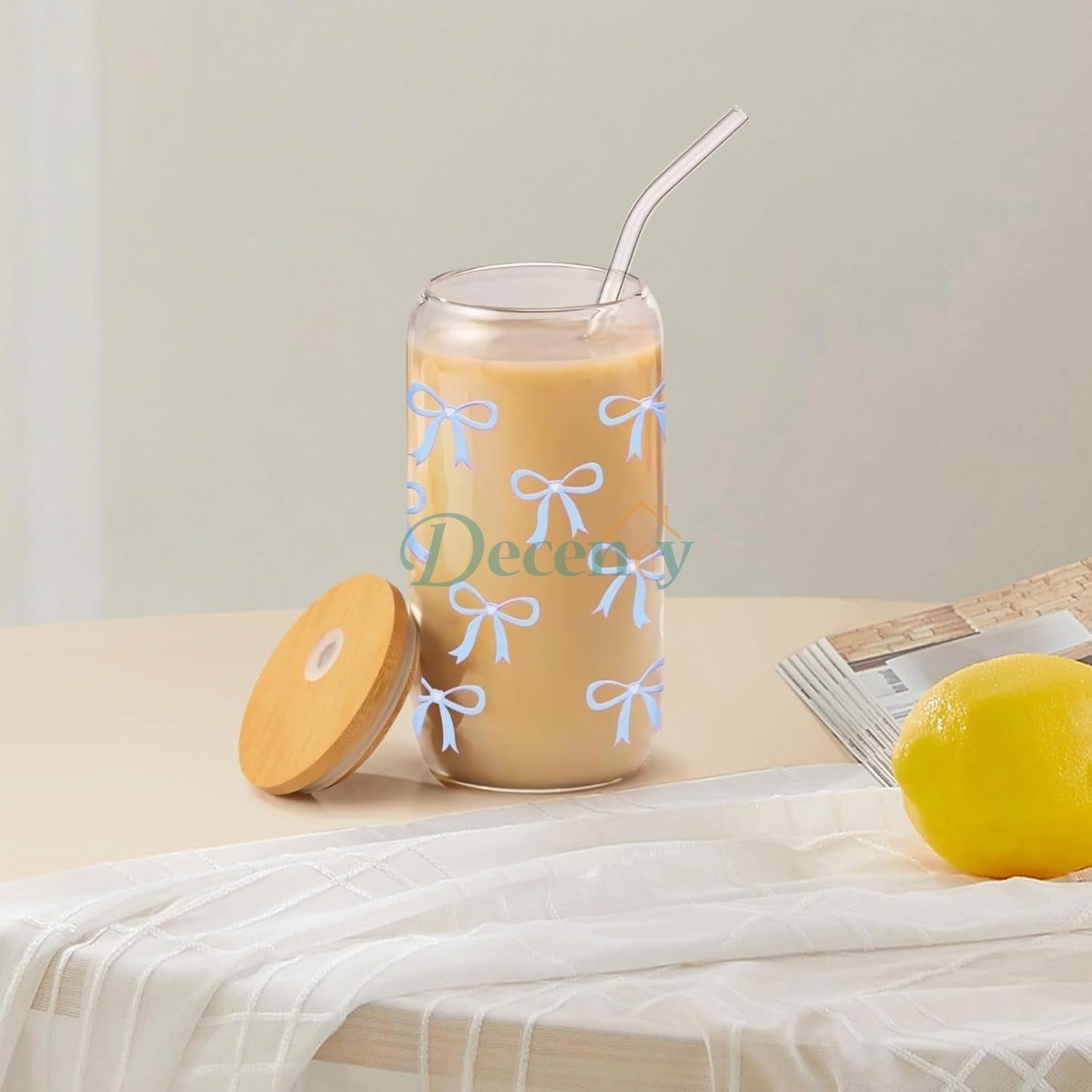 16 Oz Glass Cup with Lid and Straw, Blue Bow Design