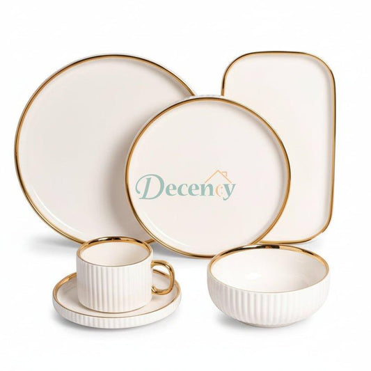 Premium Porcelain Dinner Set with Cream Shine Finish and Elegant Self Linning Texture