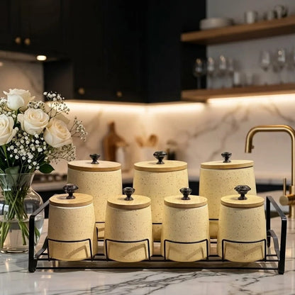 Premium Ceramic Kitchen Canister & Spice Jar Set with Wooden Stand
