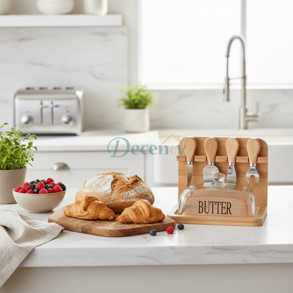 Bamboo Butter Dish and Lid Wooden Serving Tray with Knive Sett