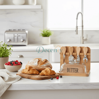 Bamboo Butter Dish and Lid Wooden Serving Tray with Knive Sett