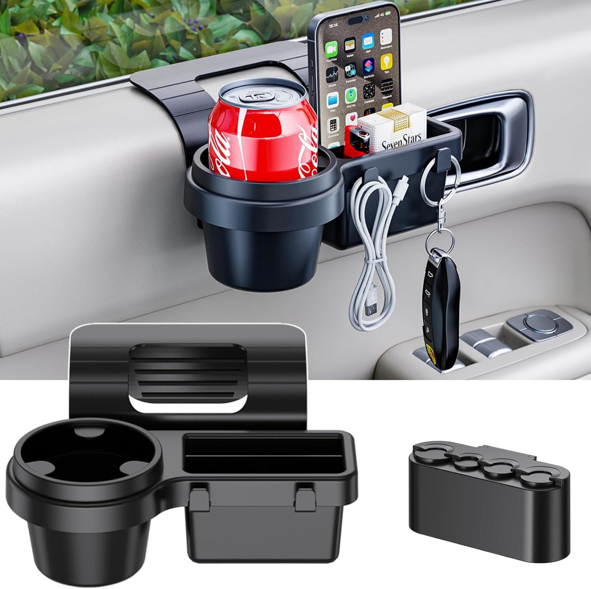 A Multifunctional Car Storage Box Featuring Cup Holders, a Beverage Rack, a Side Door Window Phone Slot, a Hanging Storage Shelf